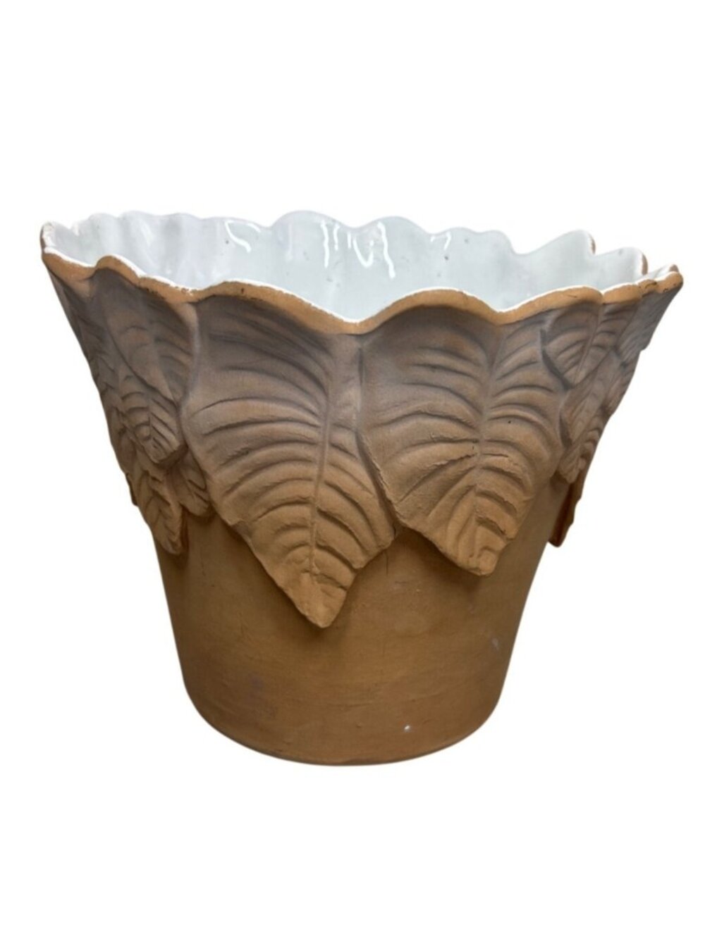 Vtg Terracotta Leaf Rim Planter Cachepot Planter White Glaze Interior Italy